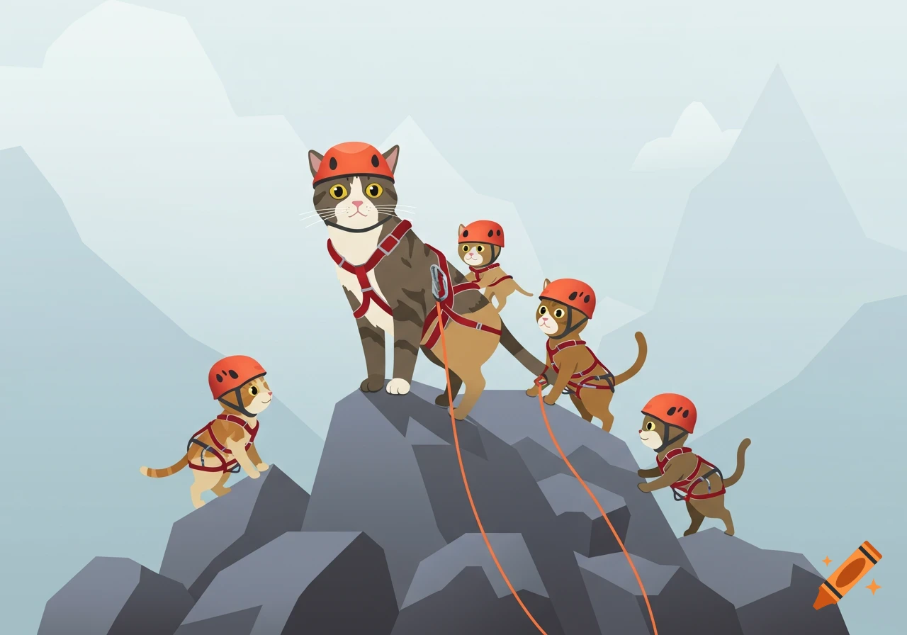 A cartoon illustration of a large cat and four kittens wearing orange helmets and harnesses, climbing a rocky mountain.