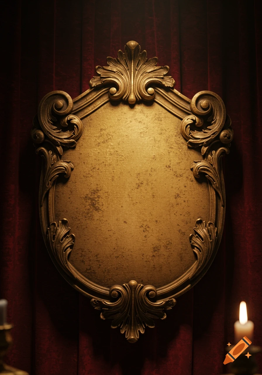 An ornate gold plaque with decorative scrollwork on dark red velvet, lit by a candle.