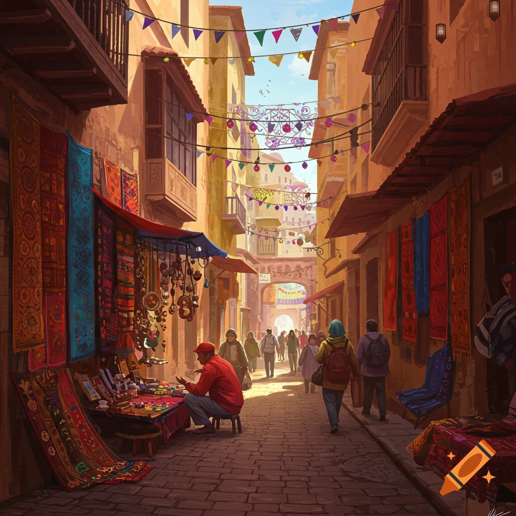 A vibrant digital painting of a bustling, colorful street market in a historic town, with vendors, people walking, and decorated buildings.