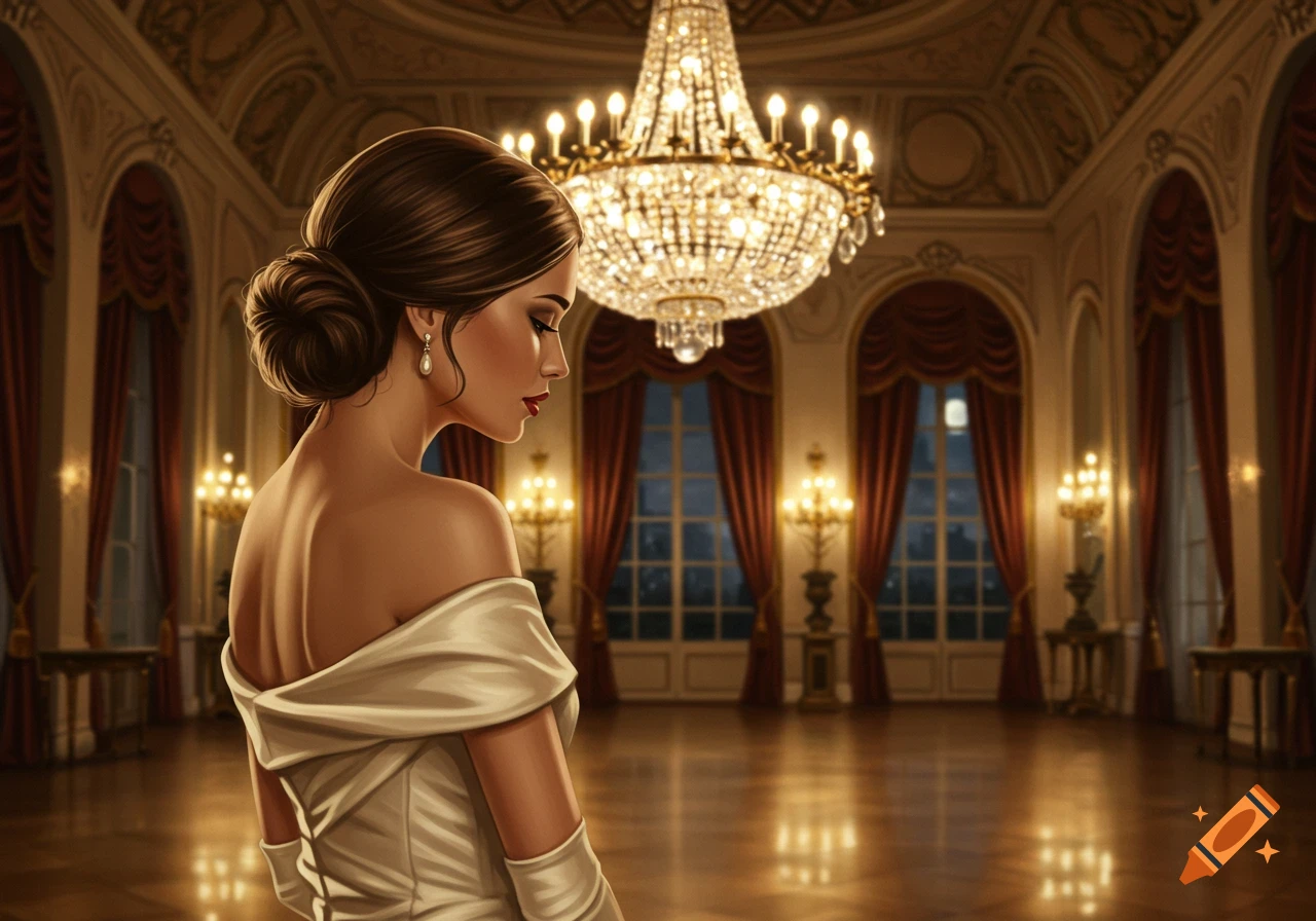 A woman in a cream off-the-shoulder gown with a low bun, viewed from behind in a grand ballroom with chandeliers.