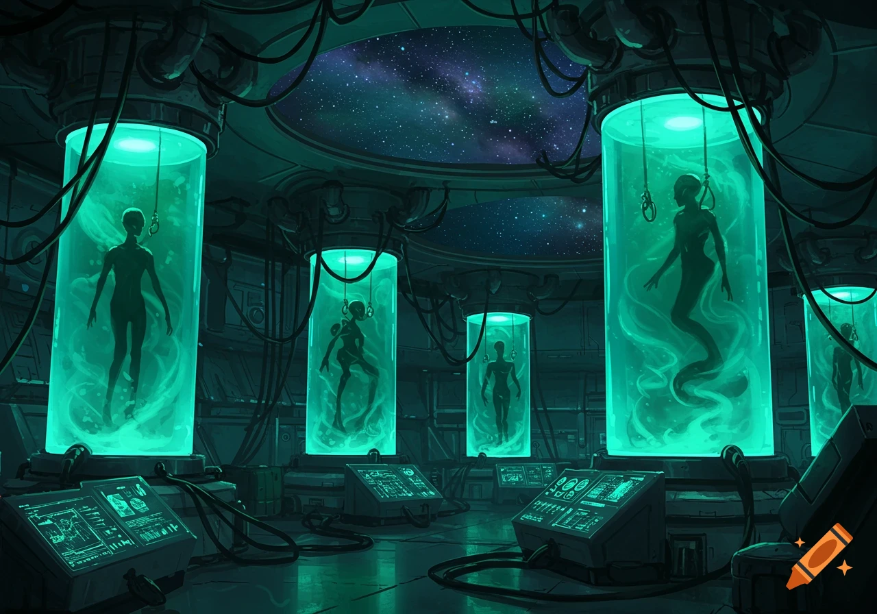 A dark, futuristic alien laboratory with multiple glowing green tubes containing various alien figures. Control panels are in the foreground, and a starry night sky is visible through the ceiling.