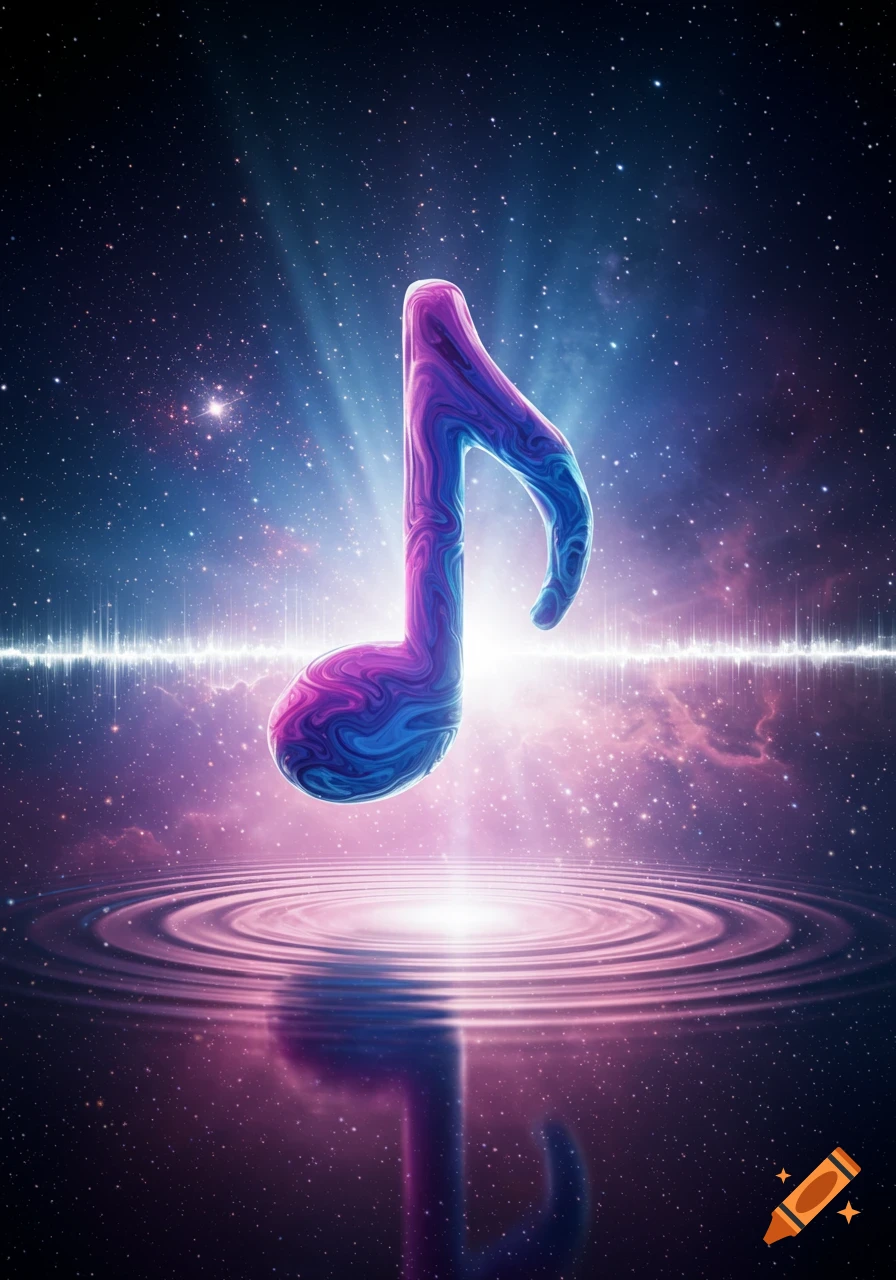 A vibrant, marbled purple and blue musical note standing in a starry cosmic space with a rippled water reflection.