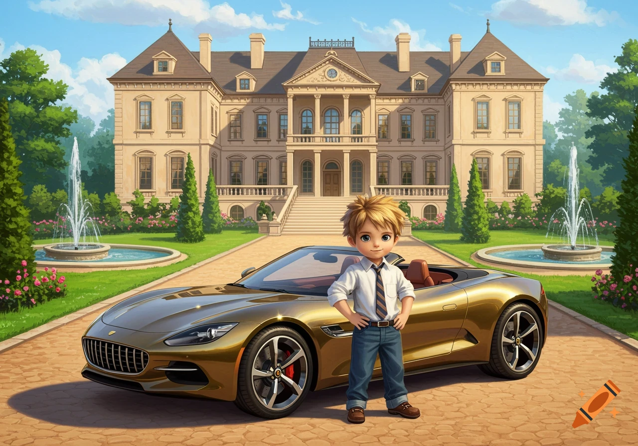 Cartoon boy in a white shirt and tie stands in front of a golden sports car, with a large mansion and fountains in the background.
