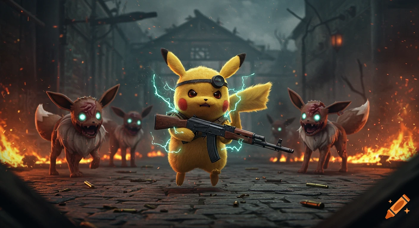 A photorealistic Pikachu with an AK-47 and electrical sparks runs through a burning courtyard, pursued by zombie Eevees with glowing eyes.