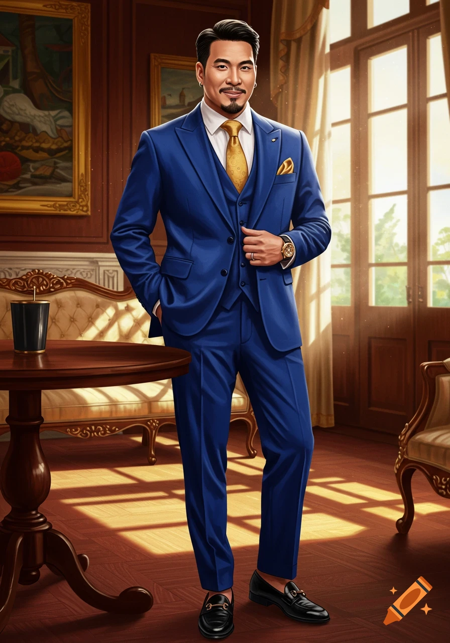 An illustrated man in a sharp blue three-piece suit with a gold tie and pocket square, standing confidently in a luxurious, sunlit room.