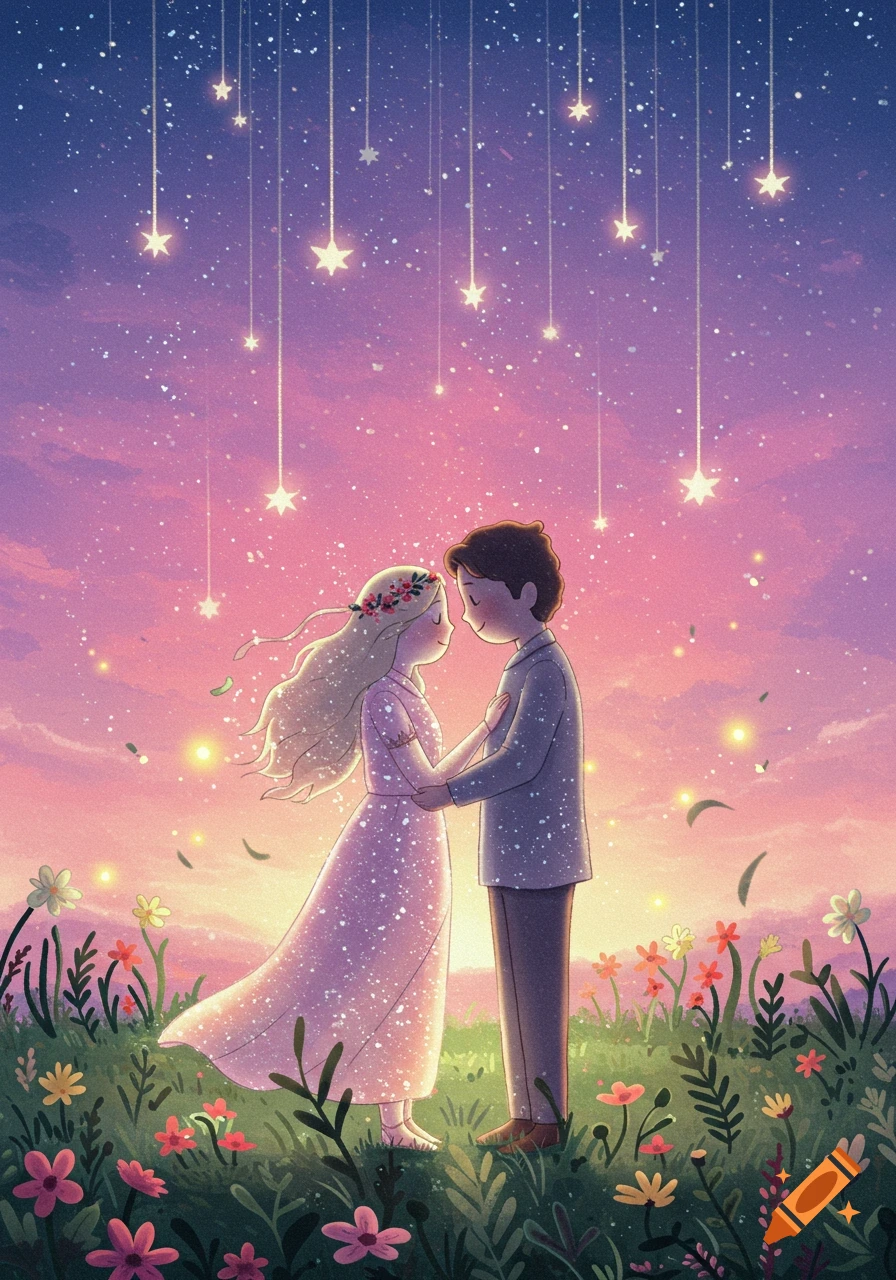 A stylized illustration of a couple holding hands in a field of flowers under a magical pink and purple starry sky.