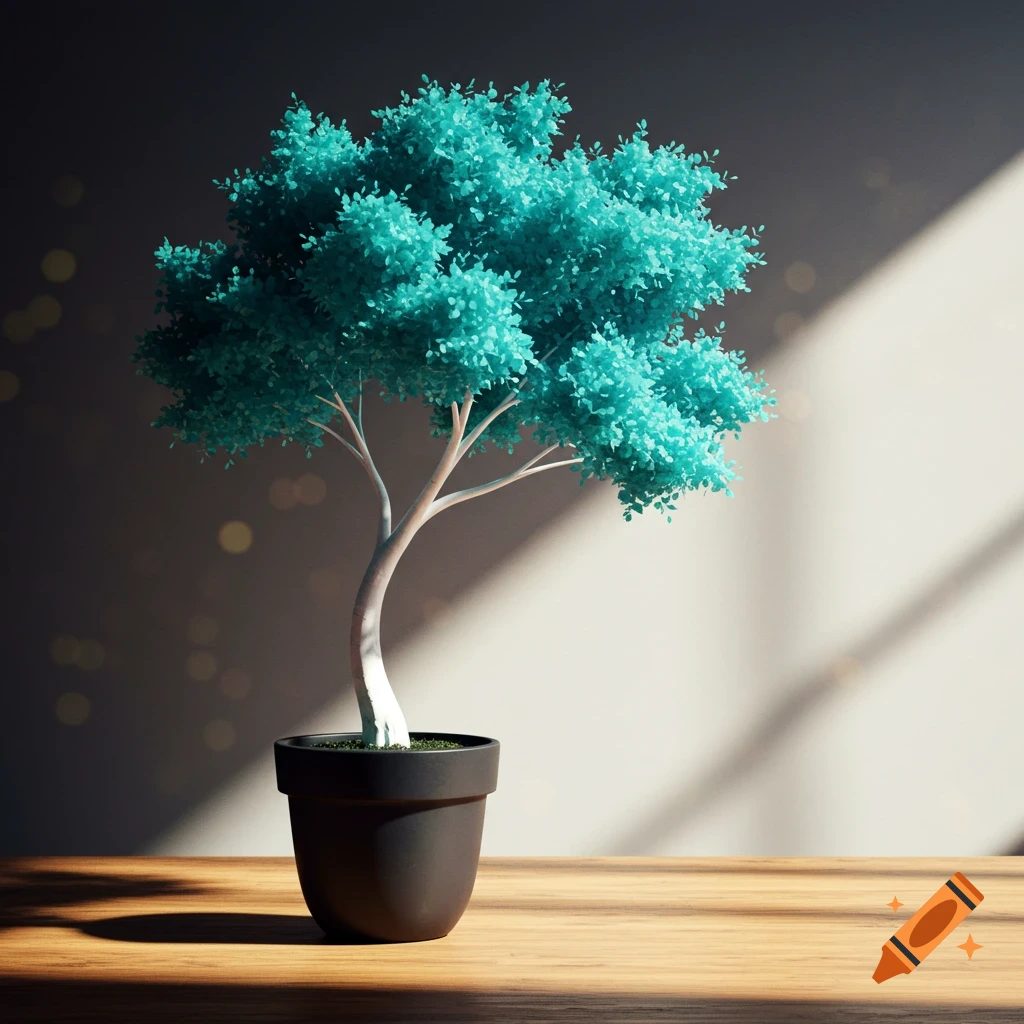 A small potted tree with a white trunk and teal leaves sits on a wooden table, illuminated by a beam of light.