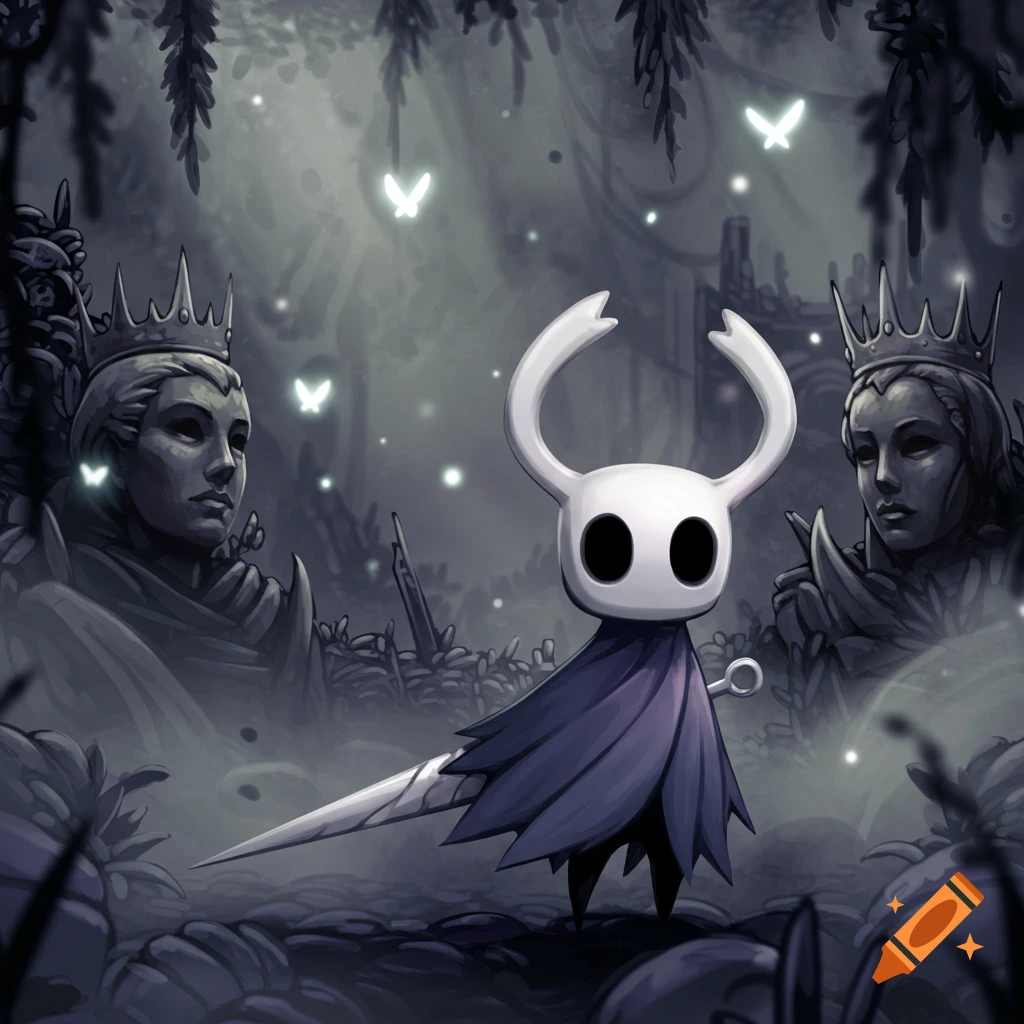 The Hollow Knight character stands holding a nail weapon in a dark, stylized forest with glowing butterflies and two crowned statues.