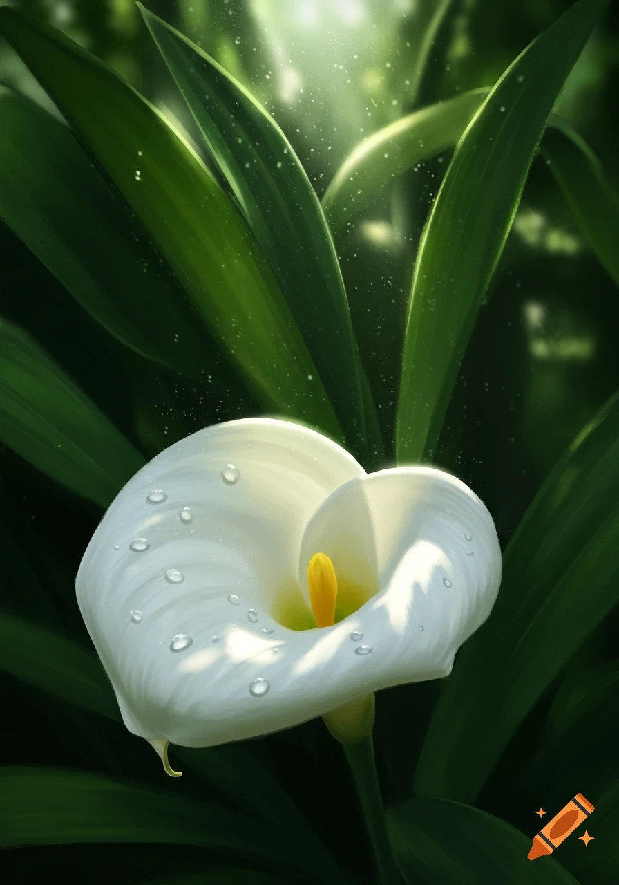 A close-up of a white calla lily with water droplets, surrounded by dark green leaves, under dappled sunlight.