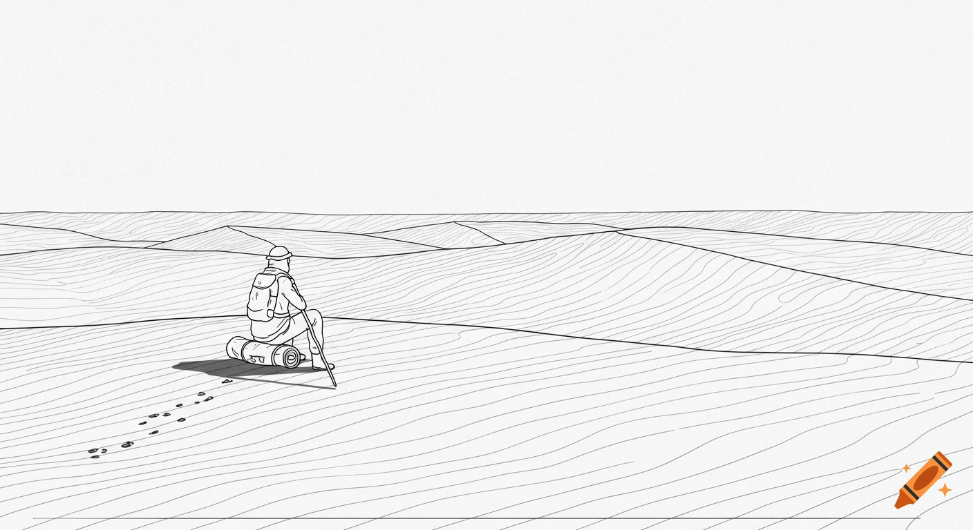 A lone desert traveler in a line drawing sits on their pack, looking out over undulating sand dunes.