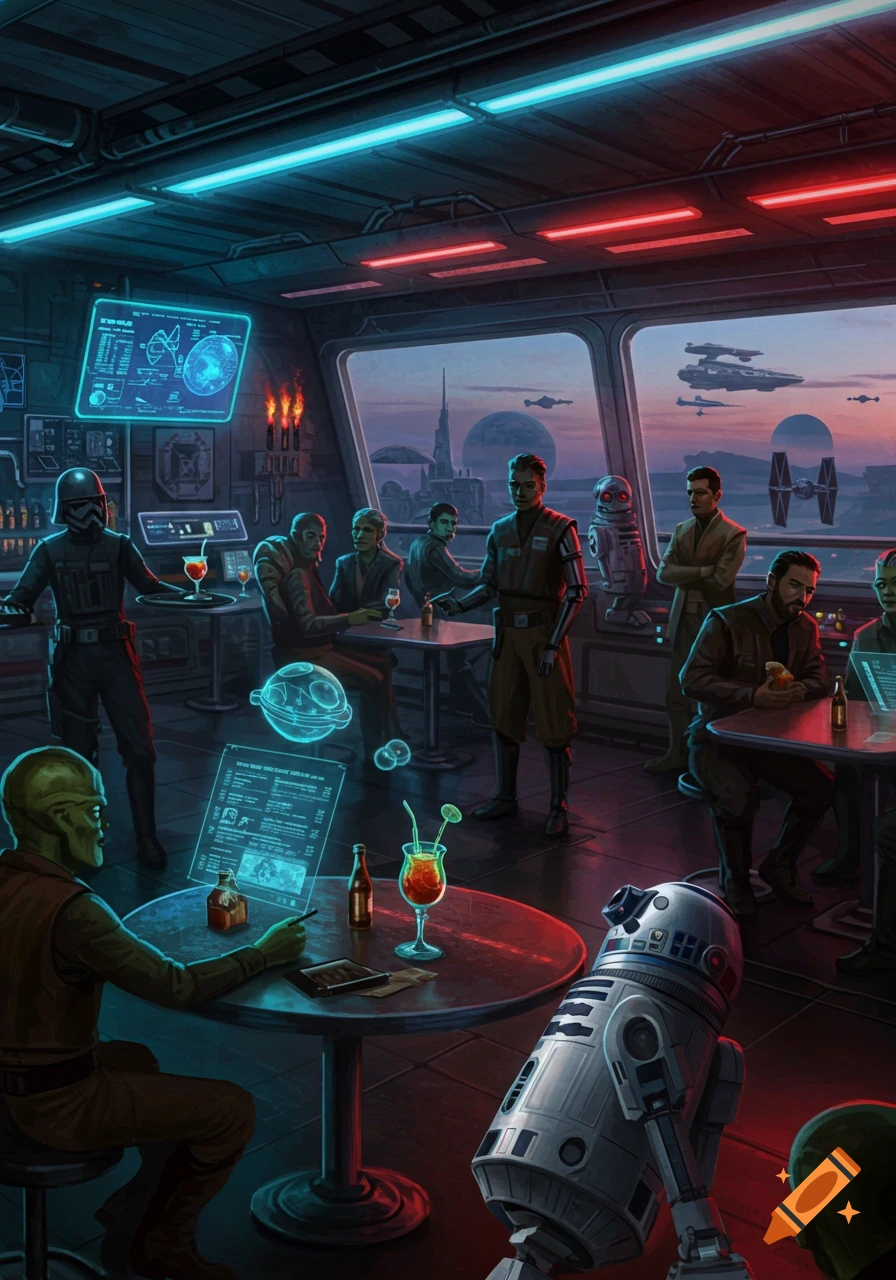 A vibrant sci-fi bar scene with diverse patrons including aliens and droids, looking out at spaceships and a distant planet.