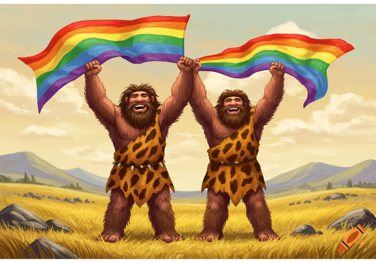 Two smiling hairy cavemen holding gay pride flags with arms raised in a grassy landscape, cartoon illustration style.