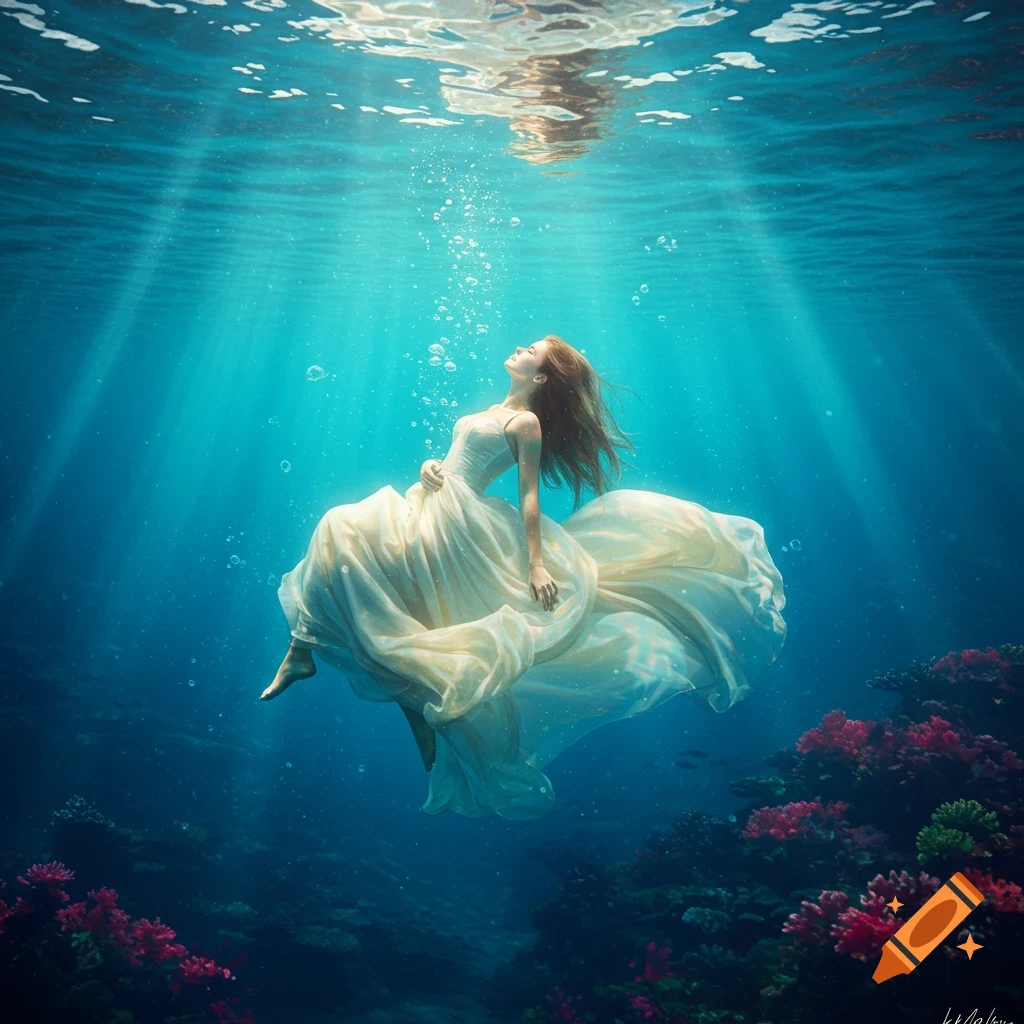 Photorealistic image of a woman in a flowing white wedding dress gracefully floating in a deep blue ocean with coral.