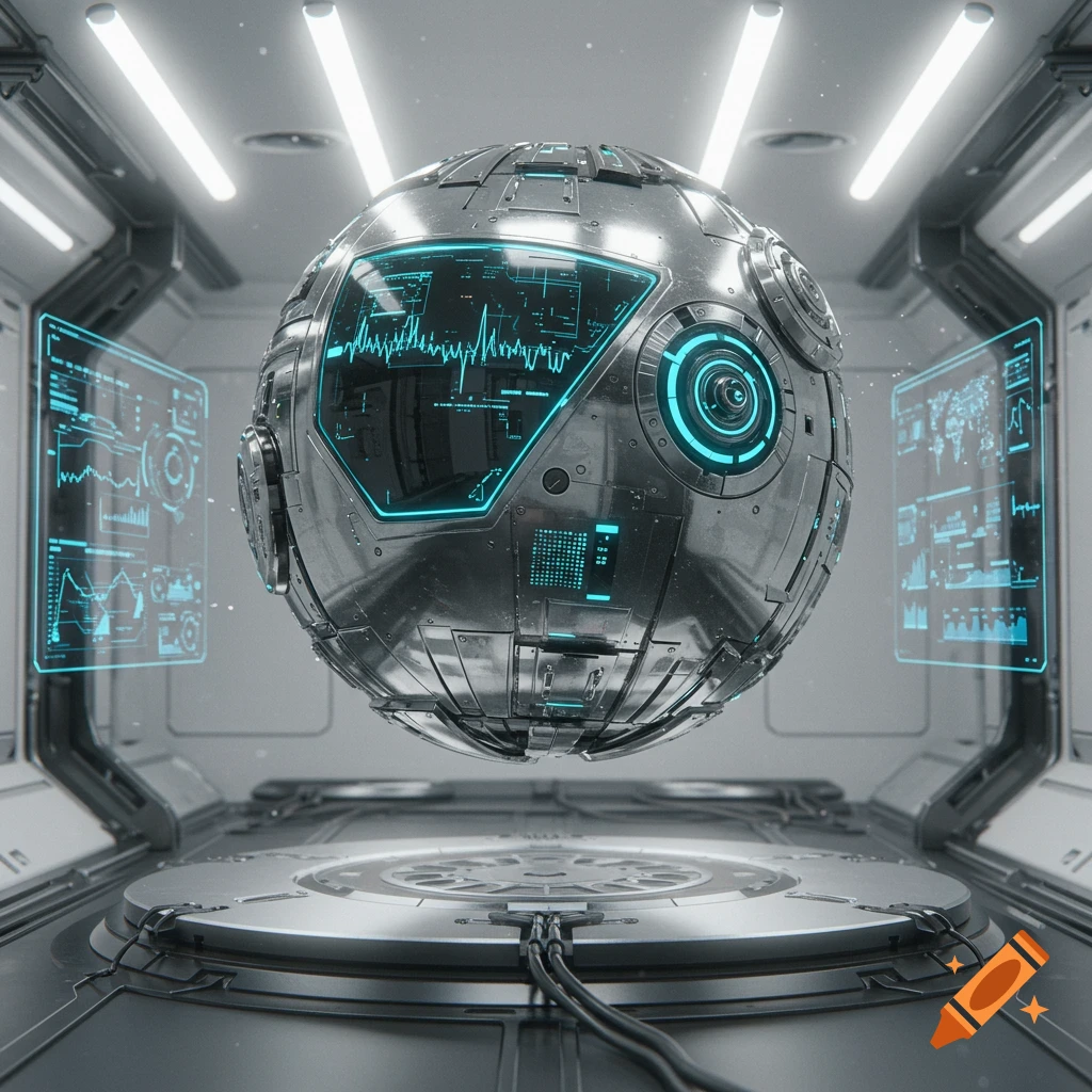 A shiny metallic spherical robot floats in a futuristic white room with glowing blue holographic screens displaying data.