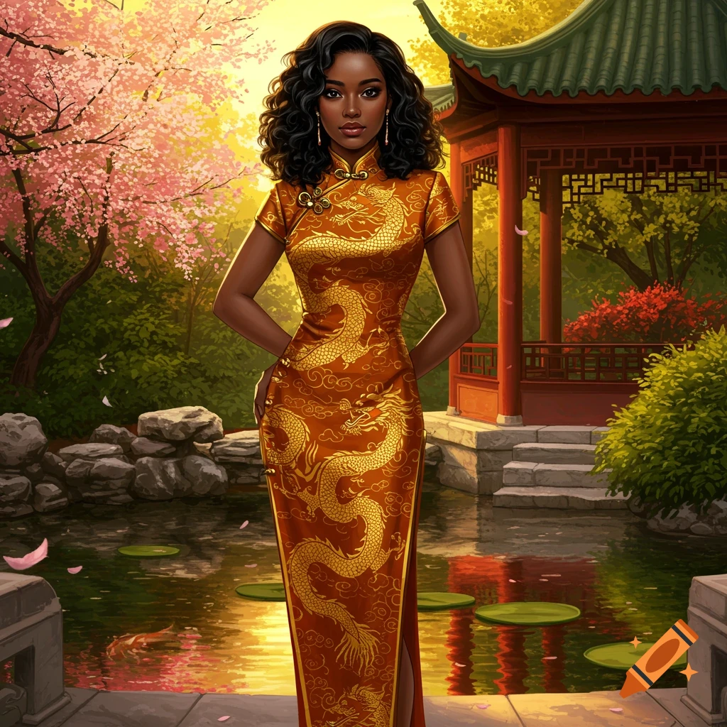 A Black woman in a gold and red dragon-patterned Chinese dress stands in a vibrant cherry blossom garden with a pagoda and pond.