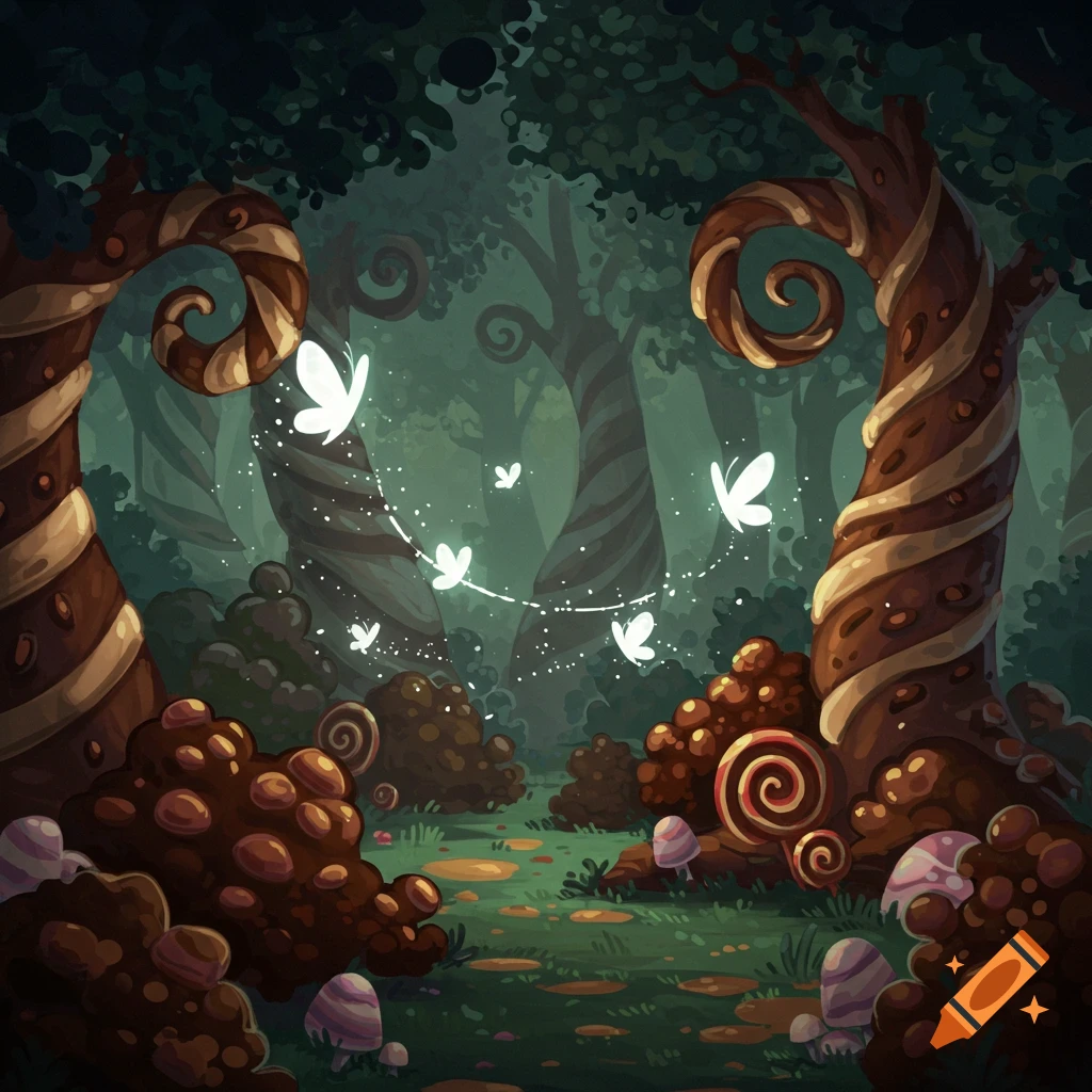 A whimsical, dimly lit cartoon candy forest with glowing white butterflies flying between chocolate-swirl trees.