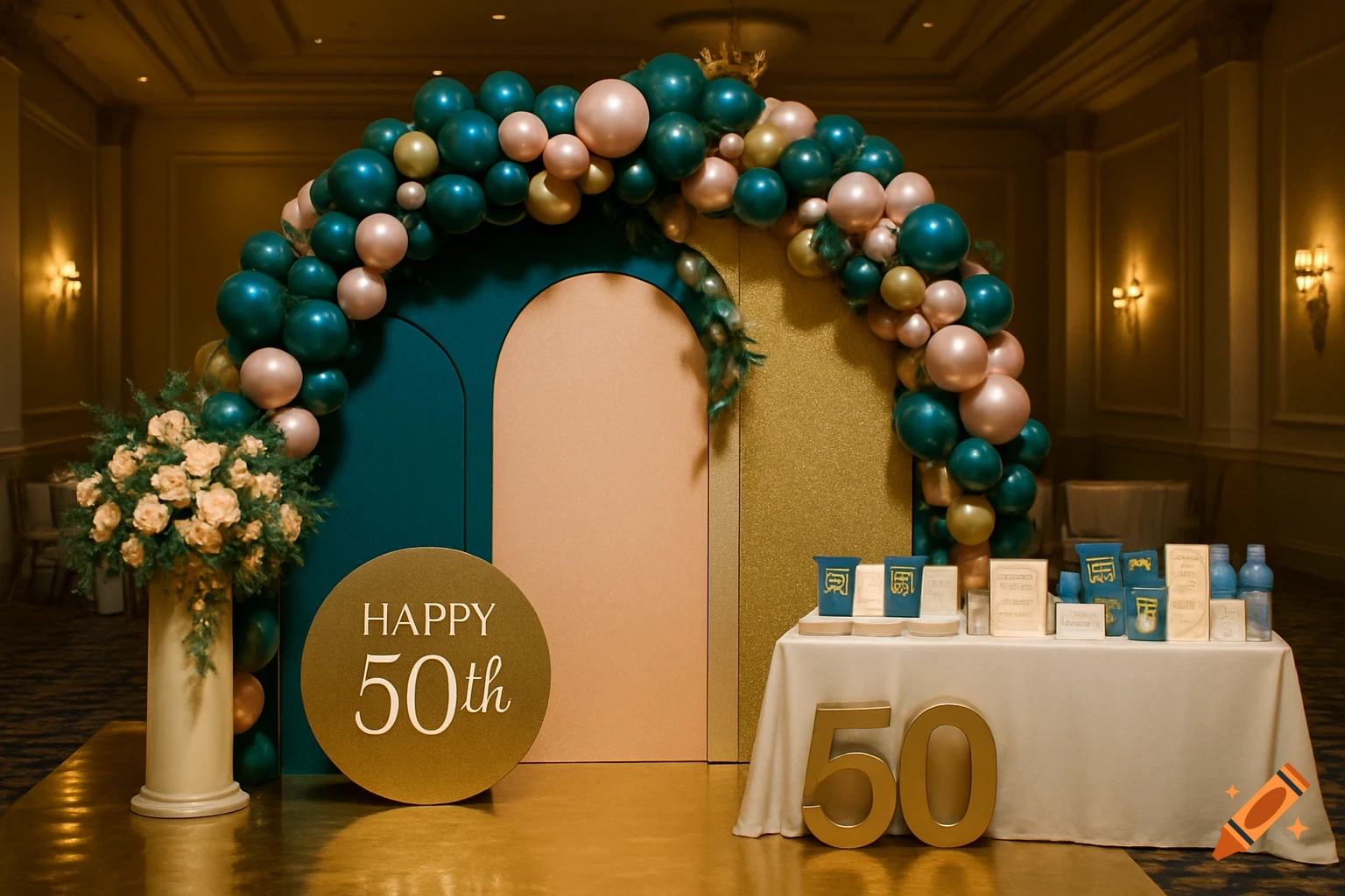A luxurious 50th birthday party setup with teal, blush, and gold balloon arches, floral pedestal, 'Happy 50th' sign, and a favor table in a banquet hall.