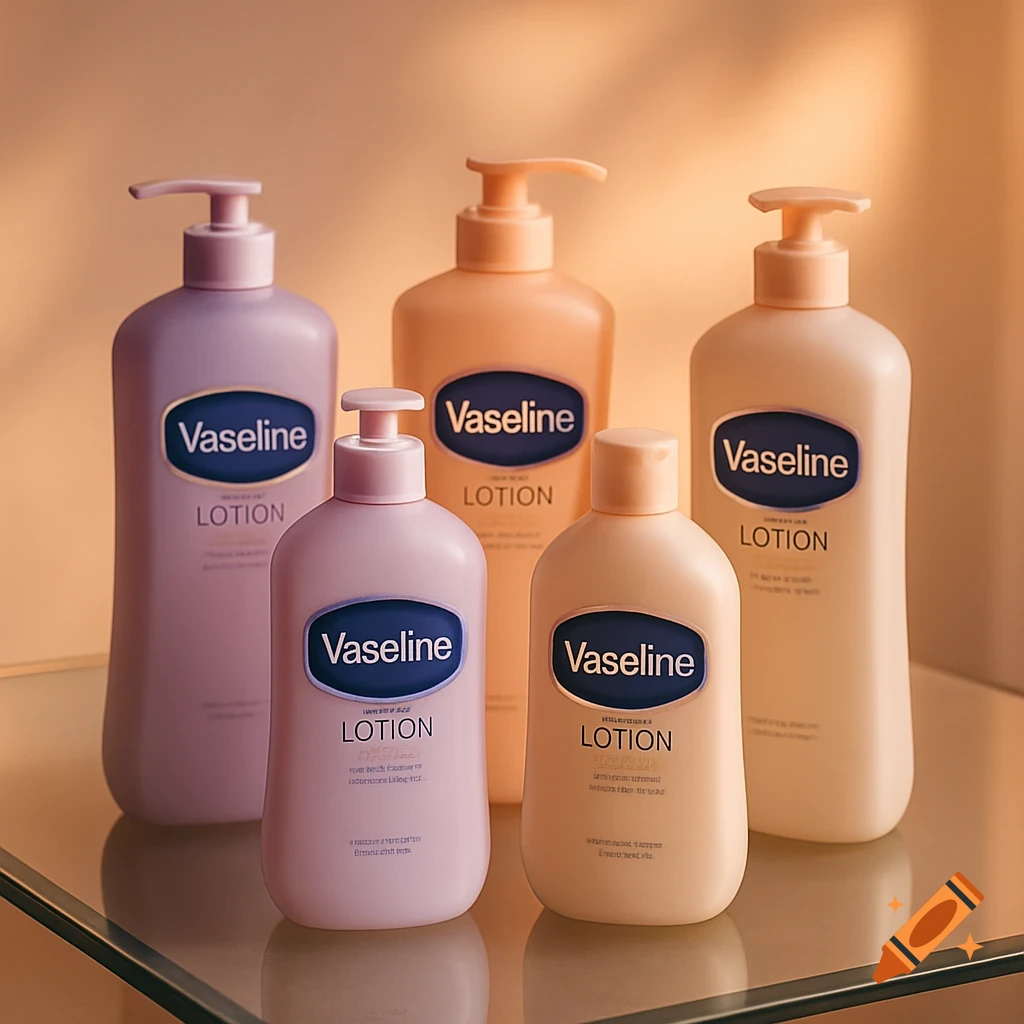 Five Vaseline lotion bottles with pumps in various pastel colors are arranged on a glass surface against a warm background.