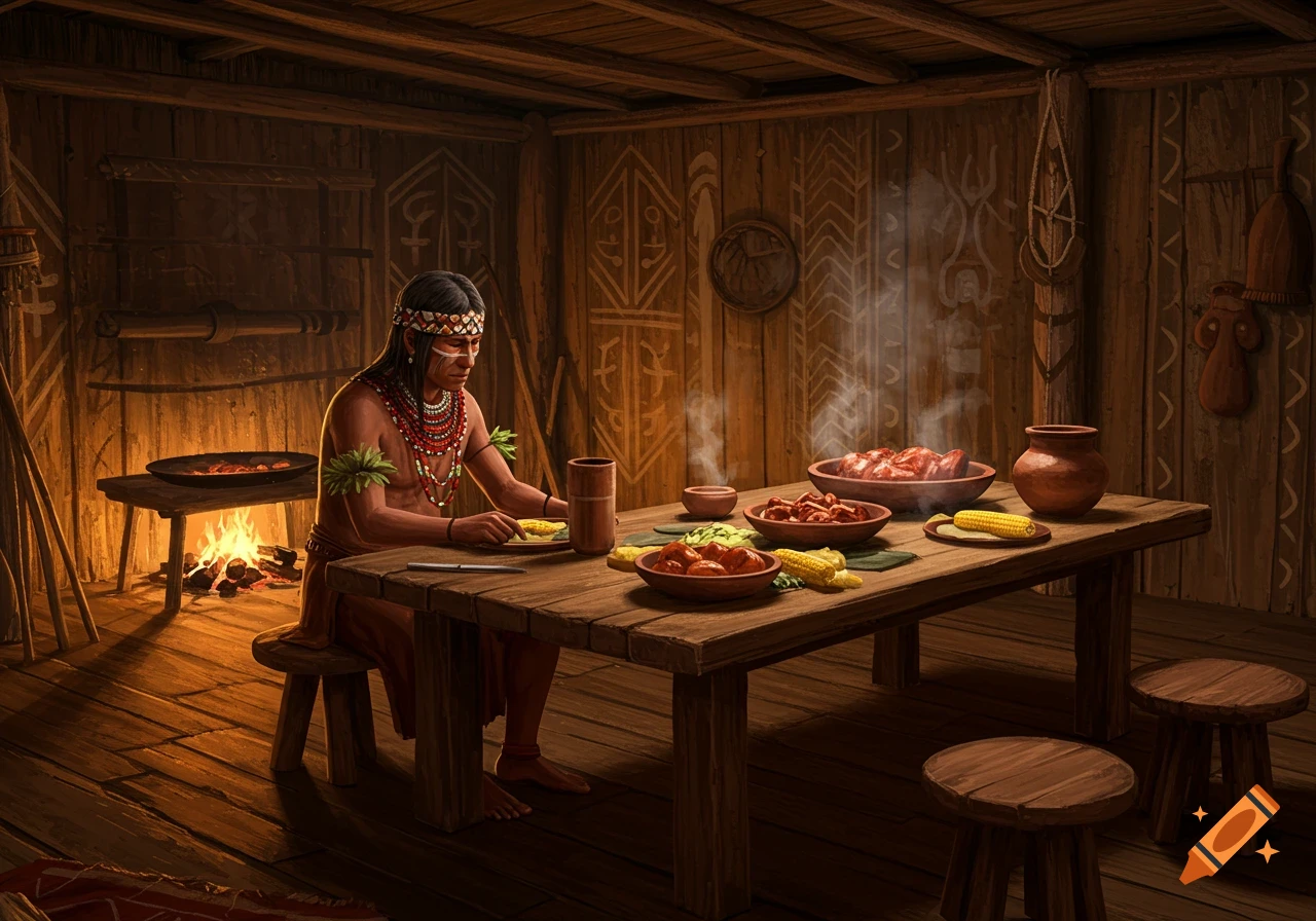 An indigenous person sits at a wooden table, eating a meal in a warmly lit hut with tribal decor.