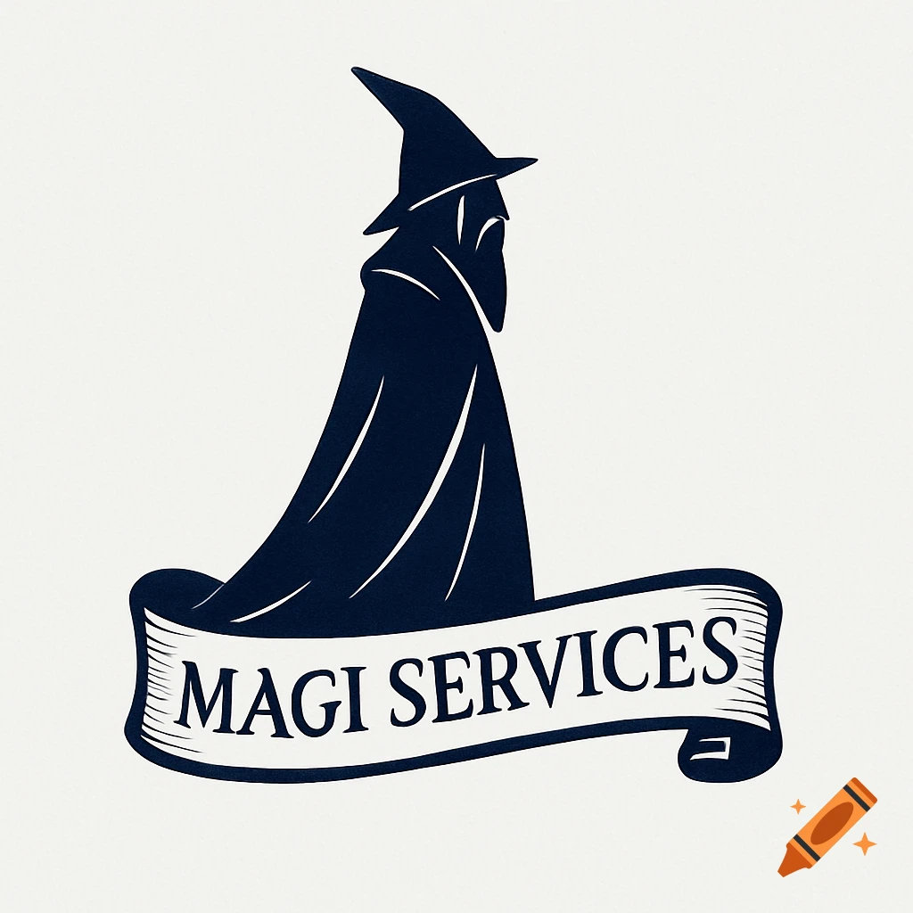 Minimalist dark blue silhouette logo of a wizard with a pointy hat and flowing robes, standing above a banner that reads 'MAGI SERVICES'.