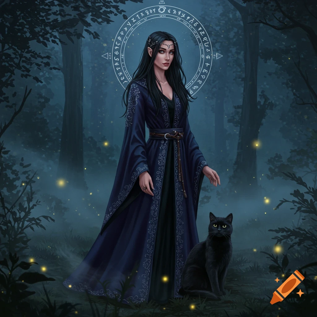 A dark-haired witch in a long blue robe stands with a black cat in a foggy, glowing forest, under a glowing runic circle.