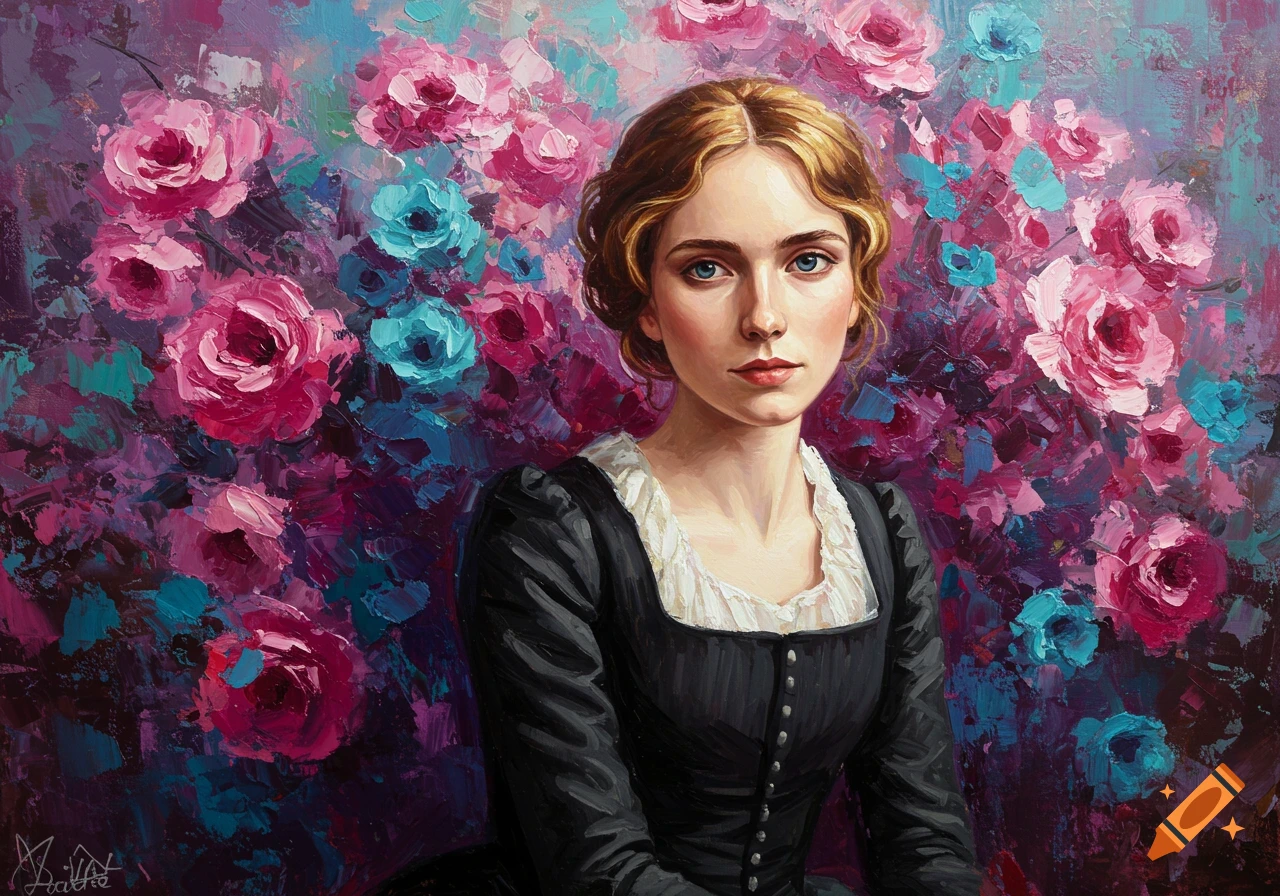A portrait painting of a young woman with a curious and confident expression, wearing a dark dress, against an abstract background of pink and blue flowers.