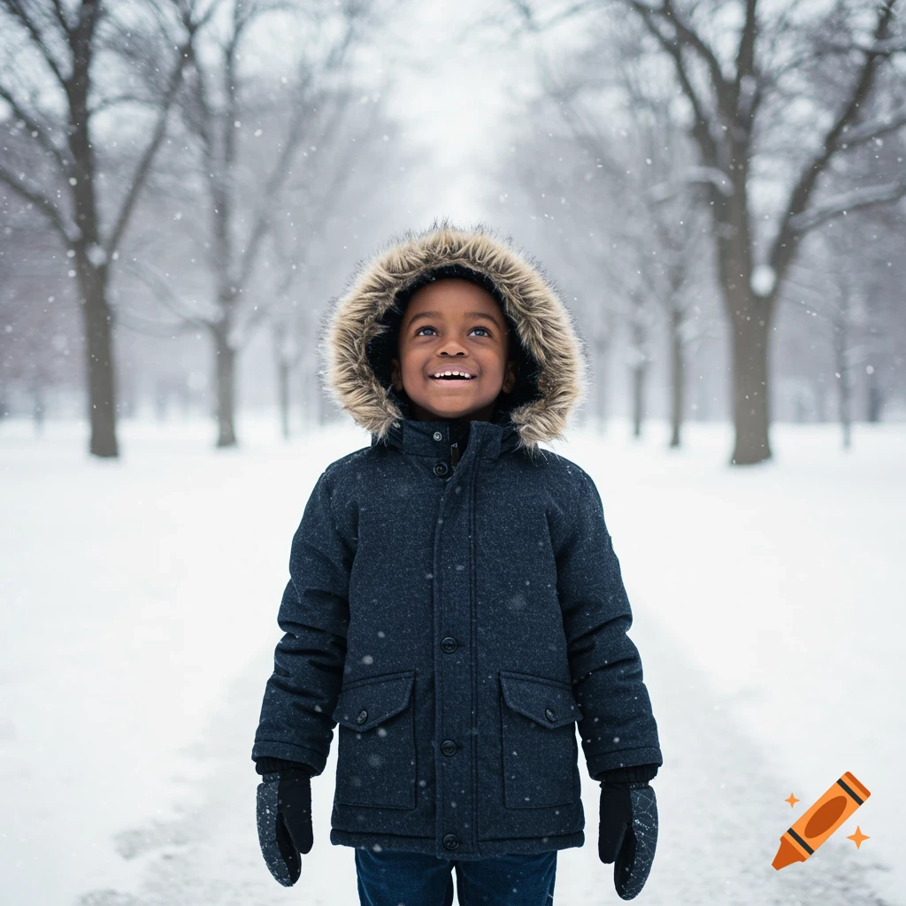 A smiling Black boy in a furry-hooded winter coat and gloves stands in a snowy park with trees, looking up at falling snow. Photorealistic.