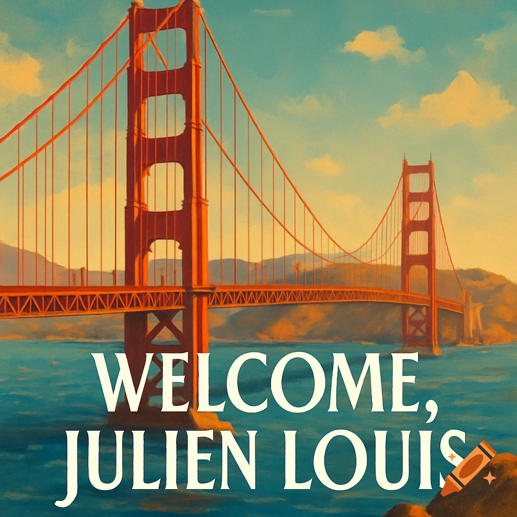 Painterly Golden Gate Bridge at sunset with text "WELCOME, JULIEN LOUIS" overlaid.