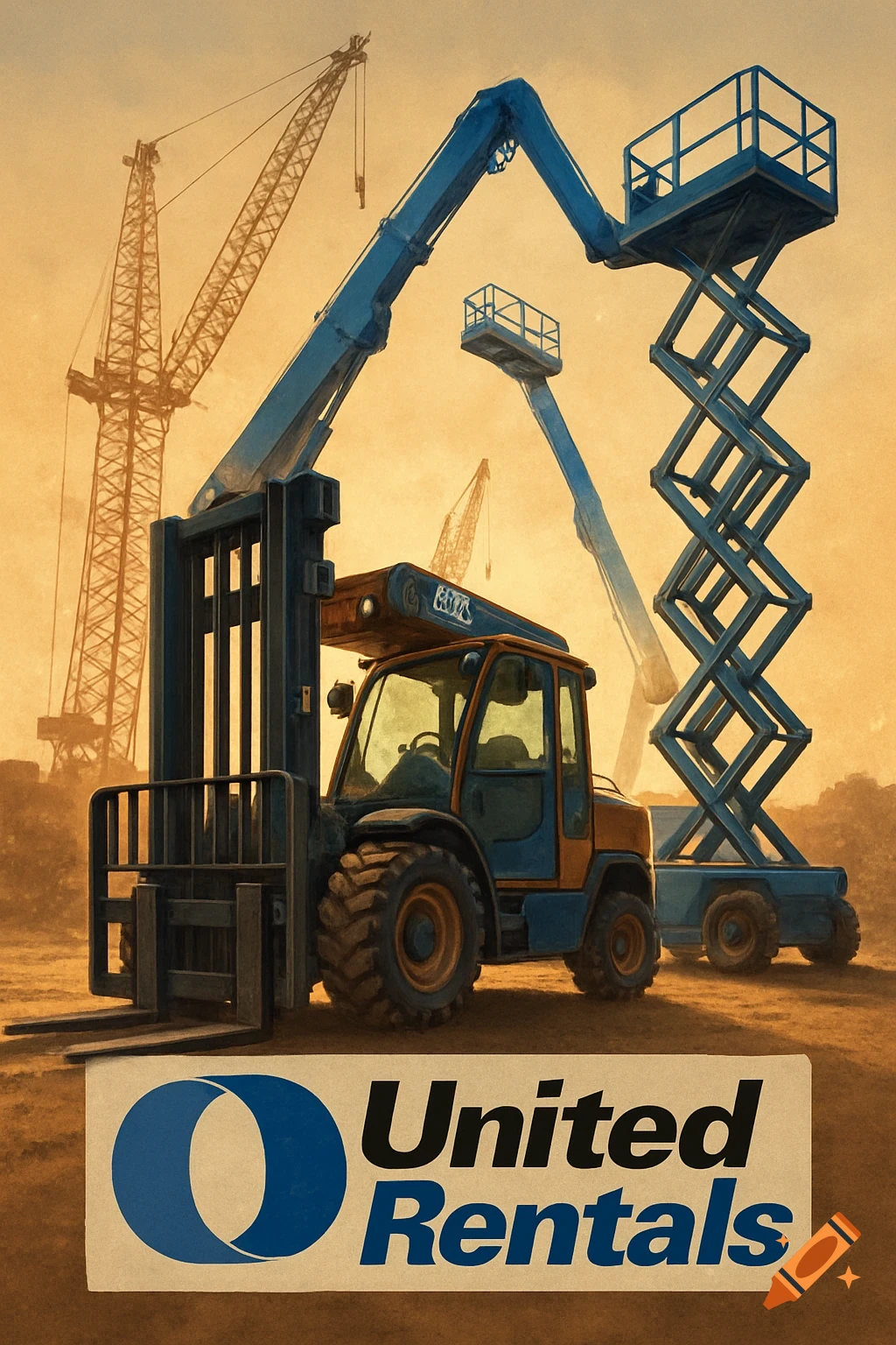 A painterly illustration of a construction site with a forklift, cranes, and a scissor lift, featuring a 'United Rentals' logo at the bottom.