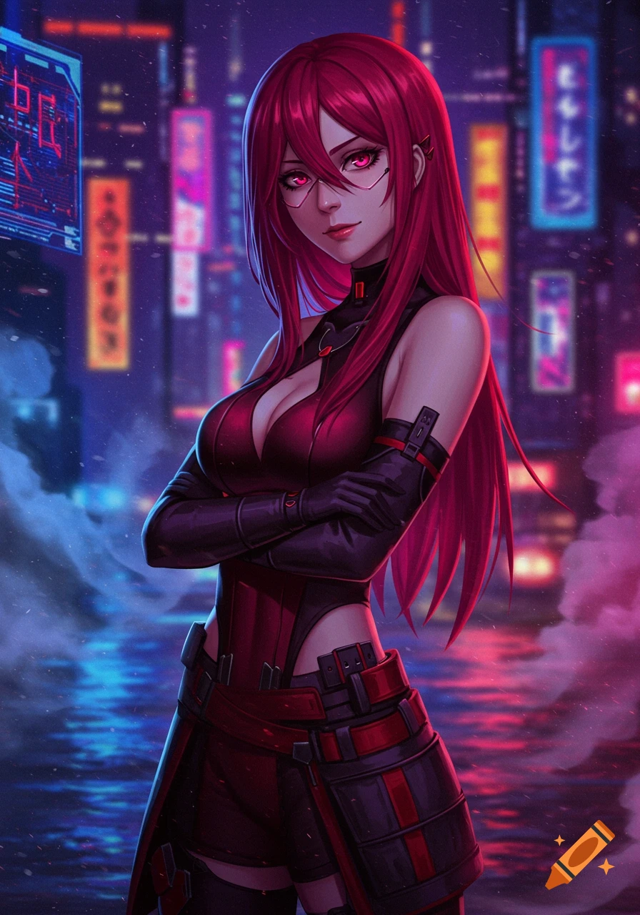 An anime woman with long red hair and glowing red eyes in a black and red outfit stands in a neon-lit cyberpunk city.