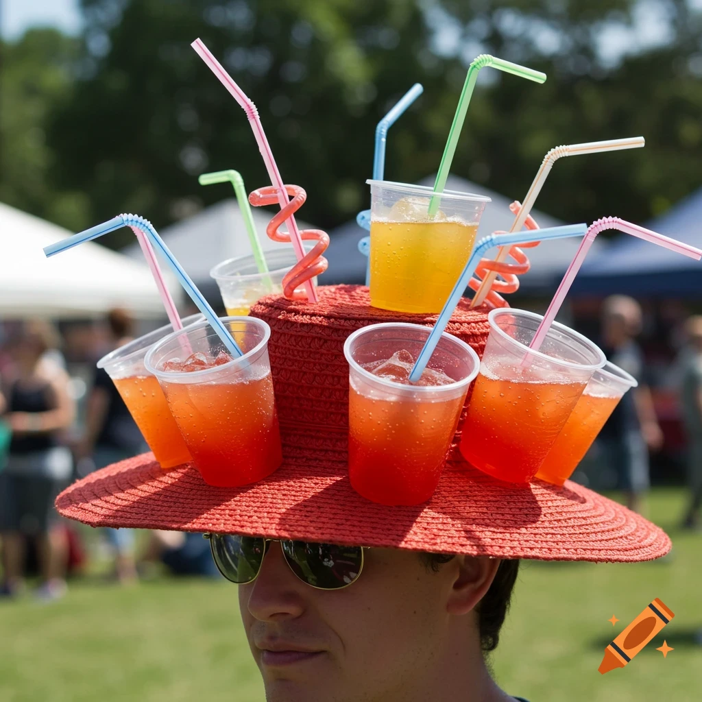A person wearing a large red straw hat adorned with multiple plastic cups filled with colorful drinks and straws, outdoors.
