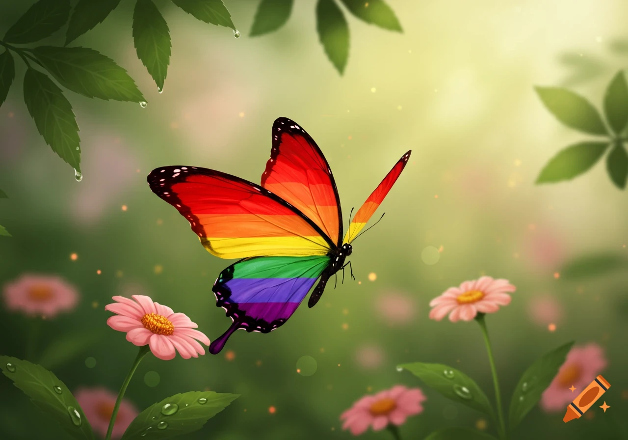 A vibrant butterfly with rainbow-colored wings flutters amongst pink flowers and green leaves in a bright, soft-focused garden.