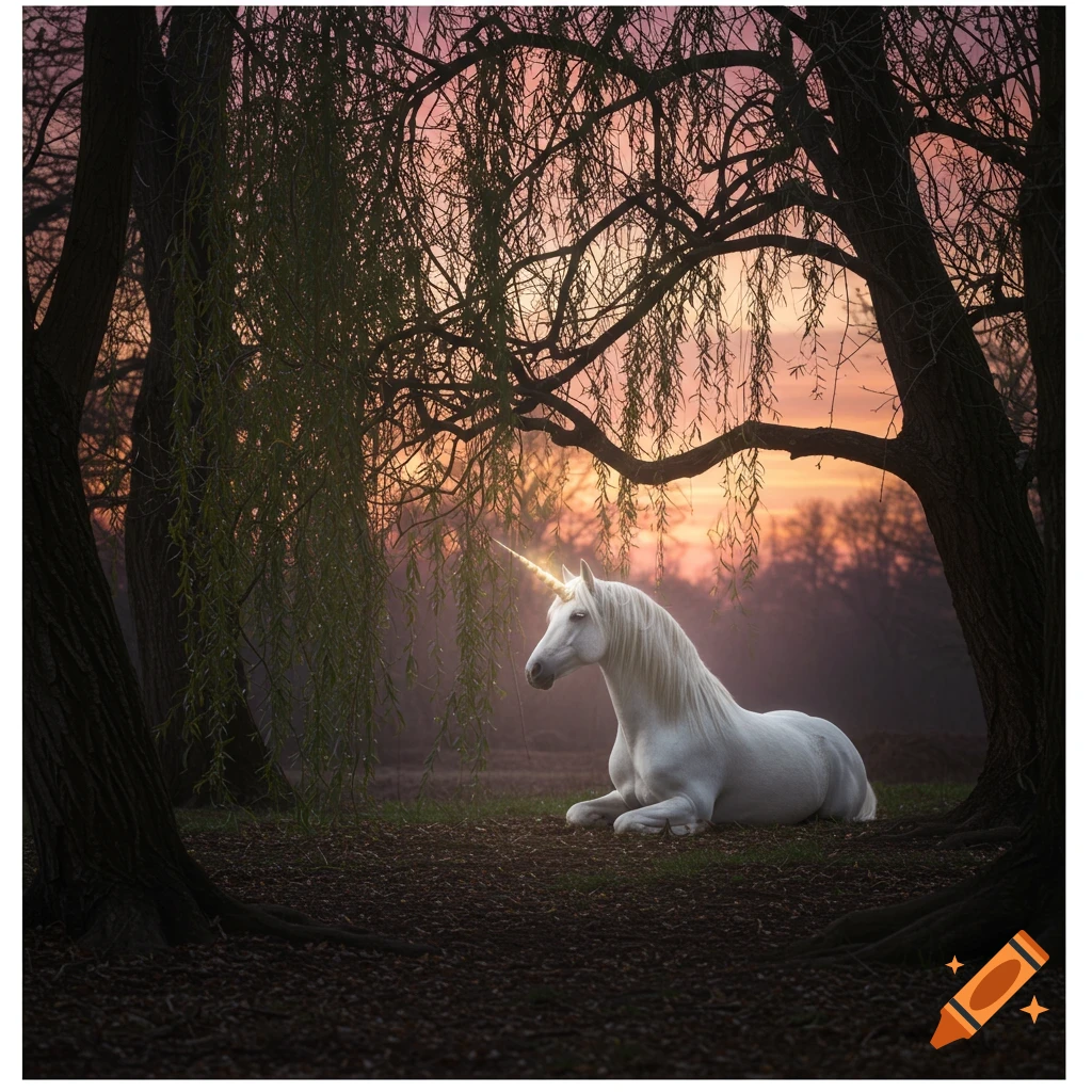 A majestic white unicorn with an ivory horn sits beneath a weeping willow tree in a forest clearing at dusk, photorealistic.