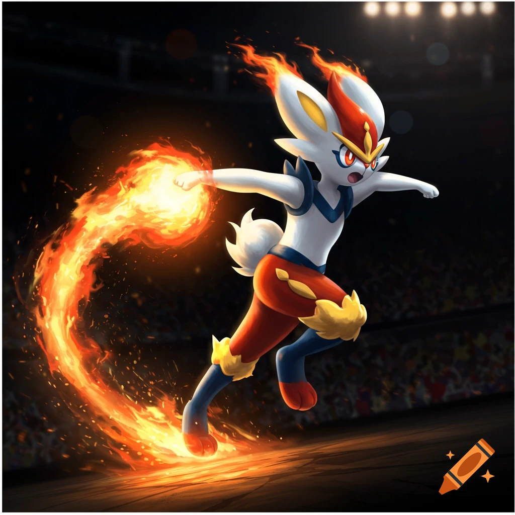Cinderace, a rabbit-like Pok 00e9mon, unleashes a powerful fire attack from its hand while running across a stadium floor.