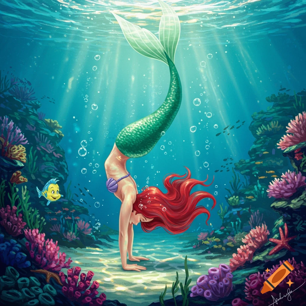 Vibrant illustration of Ariel the mermaid doing a handstand on a coral reef underwater, with Flounder watching nearby.