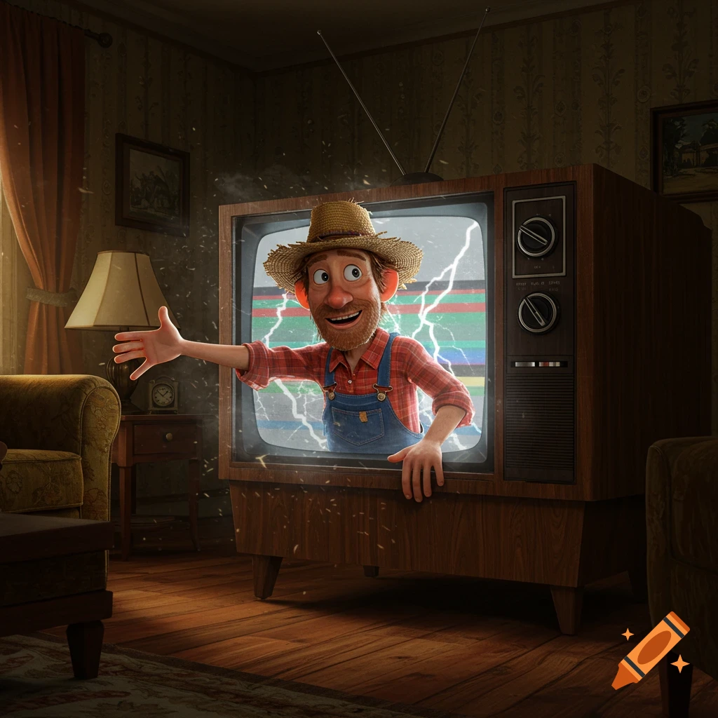 A cartoon hillbilly with a straw hat and overalls emerges from a vintage television set displaying static and lightning.
