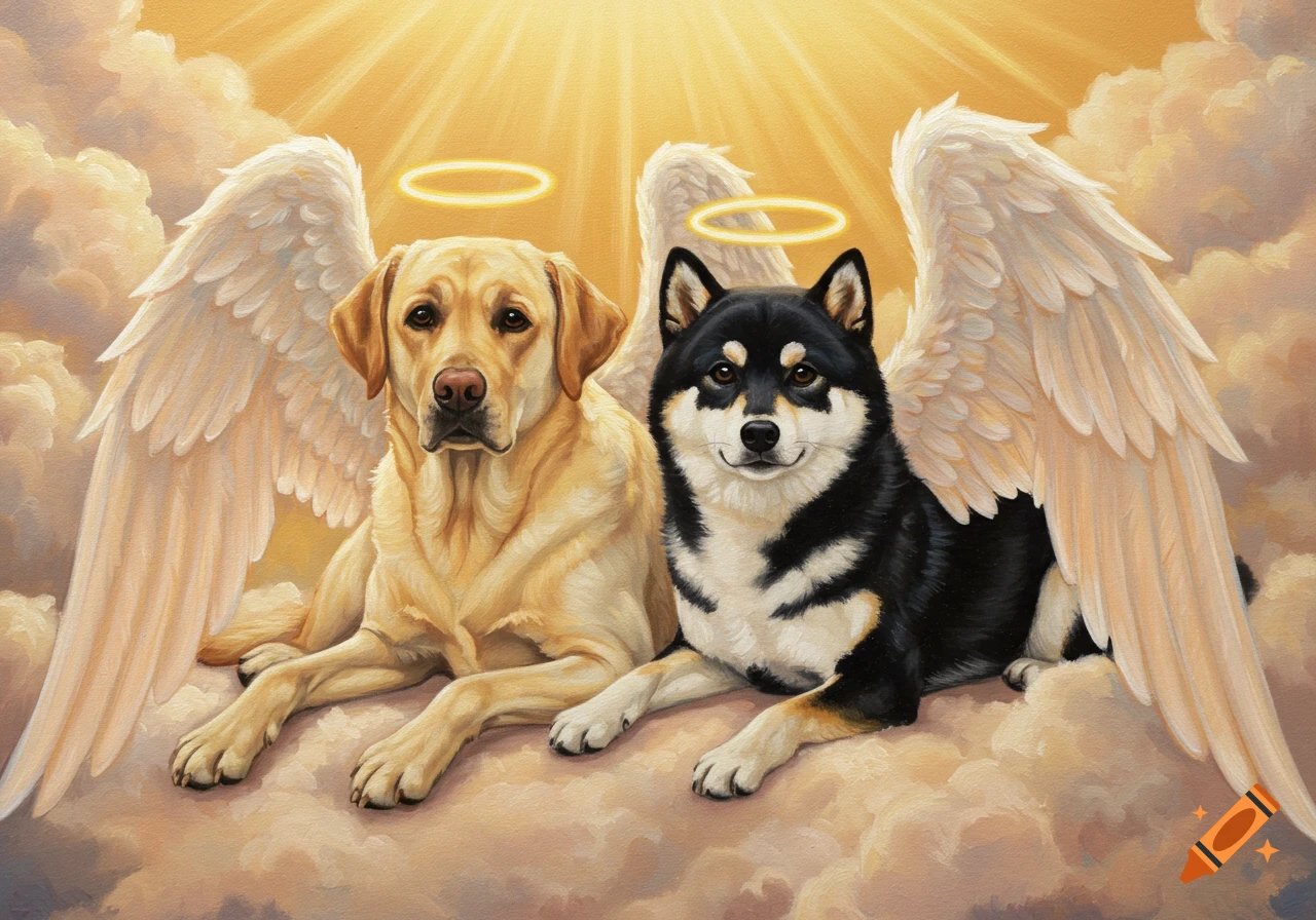 A serene painting of a yellow Labrador and a black and white Shiba Inu, both with angel wings and halos, lying on clouds under a golden, glowing sky.