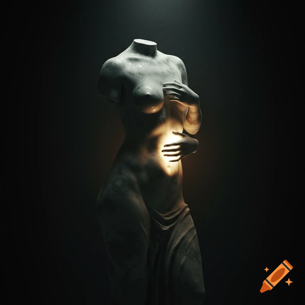 A headless and armless stone statue of a female torso against a dark background, with glowing hands covering the chest and lower abdomen.