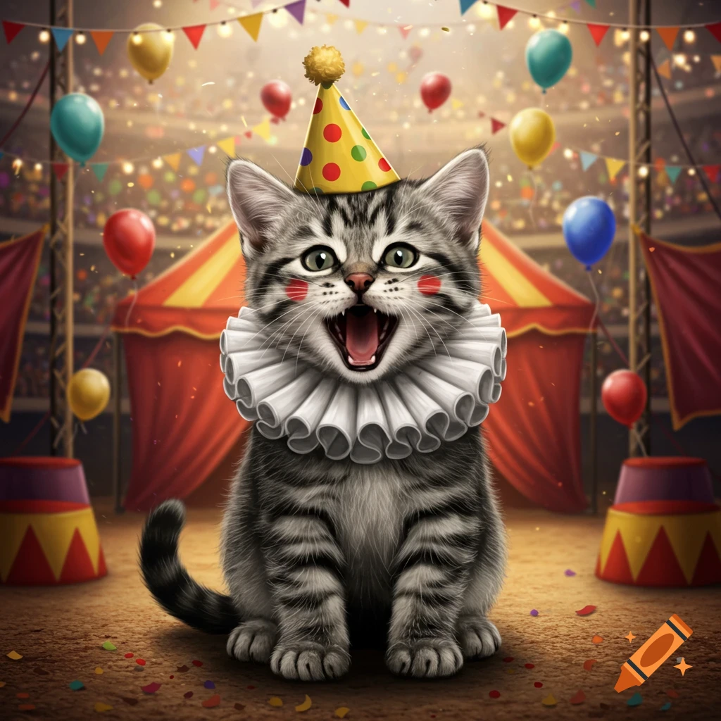 A cute grey tabby kitten with clown face paint, a ruffled collar, and a party hat, mouth open in a festive circus tent.