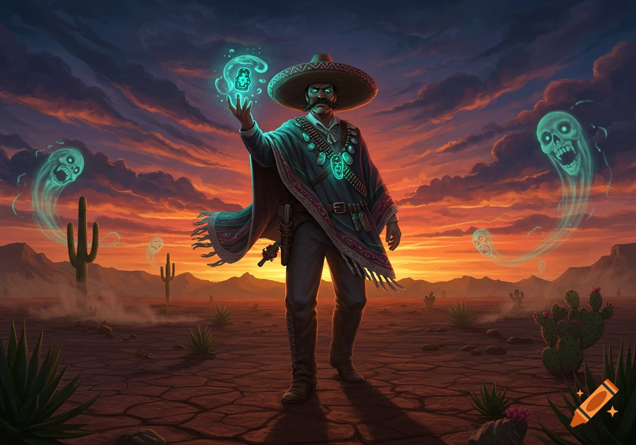 A man in a sombrero and poncho summons glowing green skull ghosts in a desert at sunset, fantasy art.