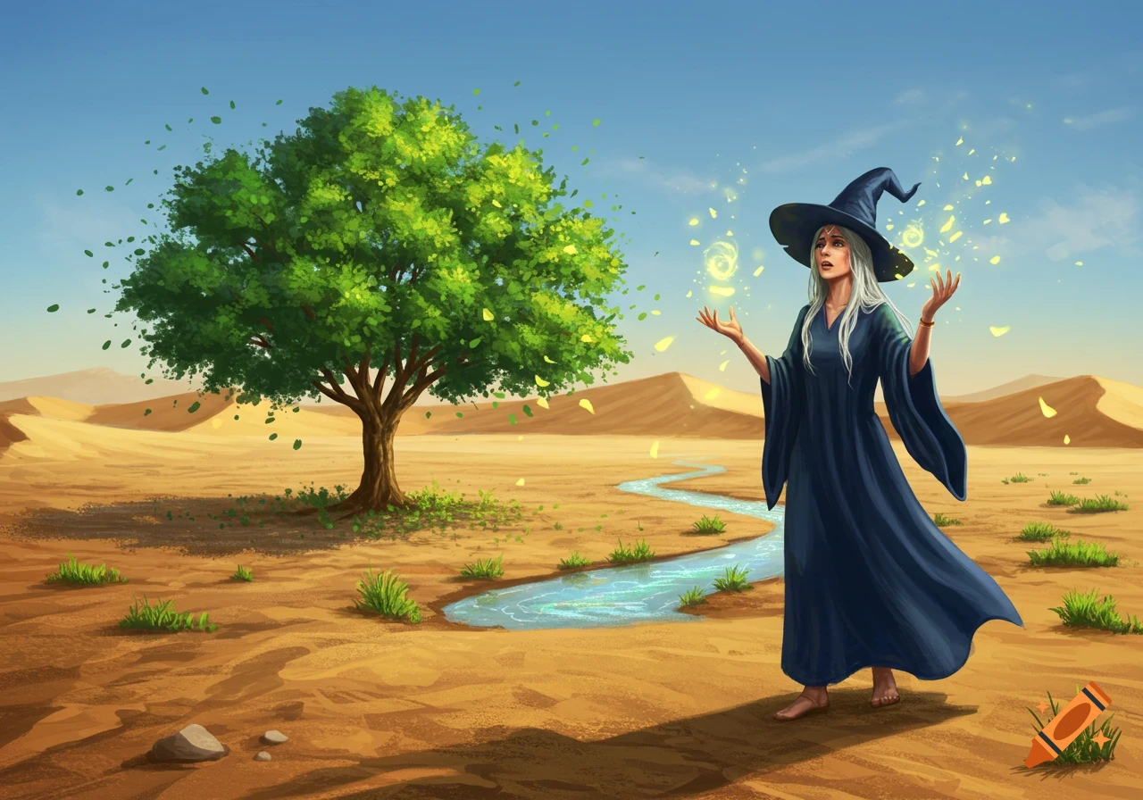 A white-haired witch in a blue dress casts magic, causing a green tree and stream to appear in a barren desert. Illustration.