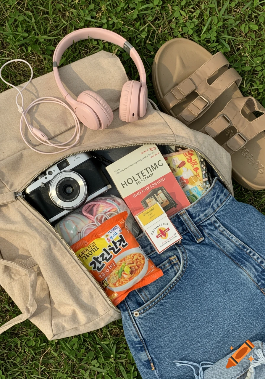 Overhead view of a canvas bag on grass, filled with headphones, camera, ramen, book, cigarettes. Shorts and sandals are next to it.