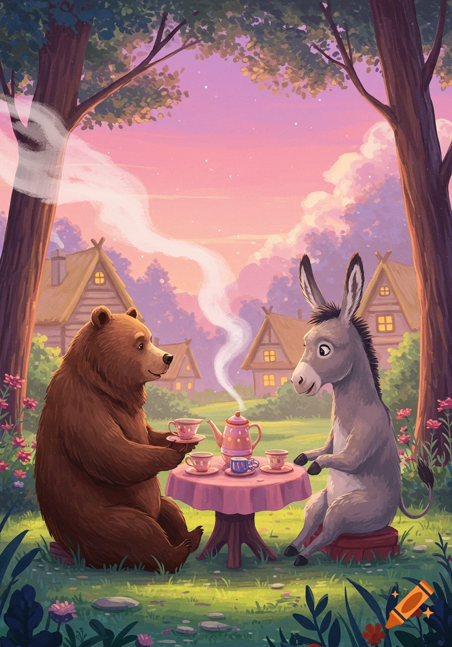 Illustrated bear and donkey enjoy a tea party outdoors under a whimsical pink and lilac sky with trees and houses.