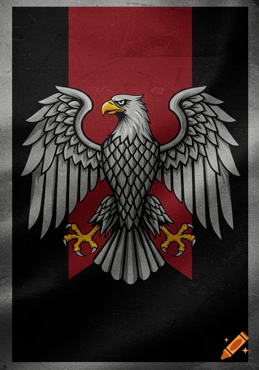 Stylized gray eagle with yellow talons and beak on a black and red flag banner.