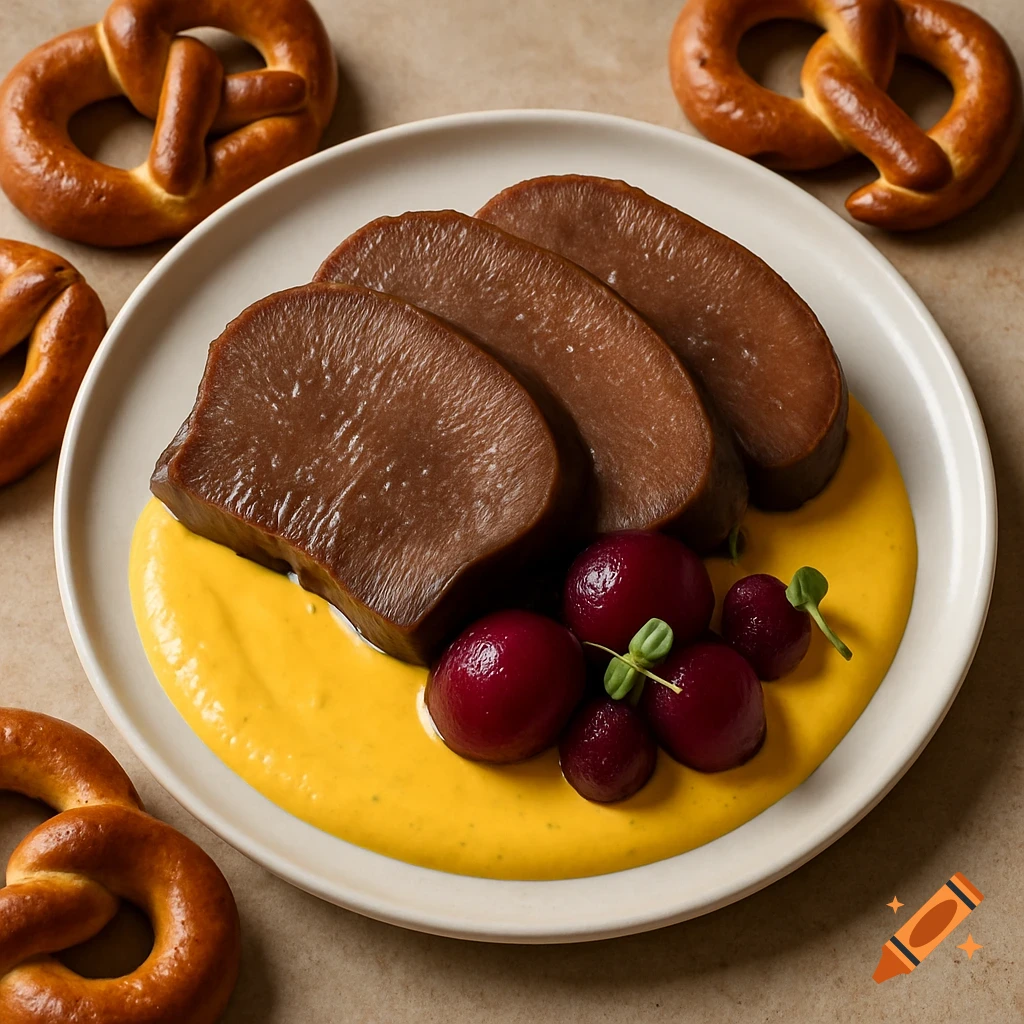 A plated meal featuring three slices of braised calf tongue on yellow sauce, with pickled beets and pretzels.