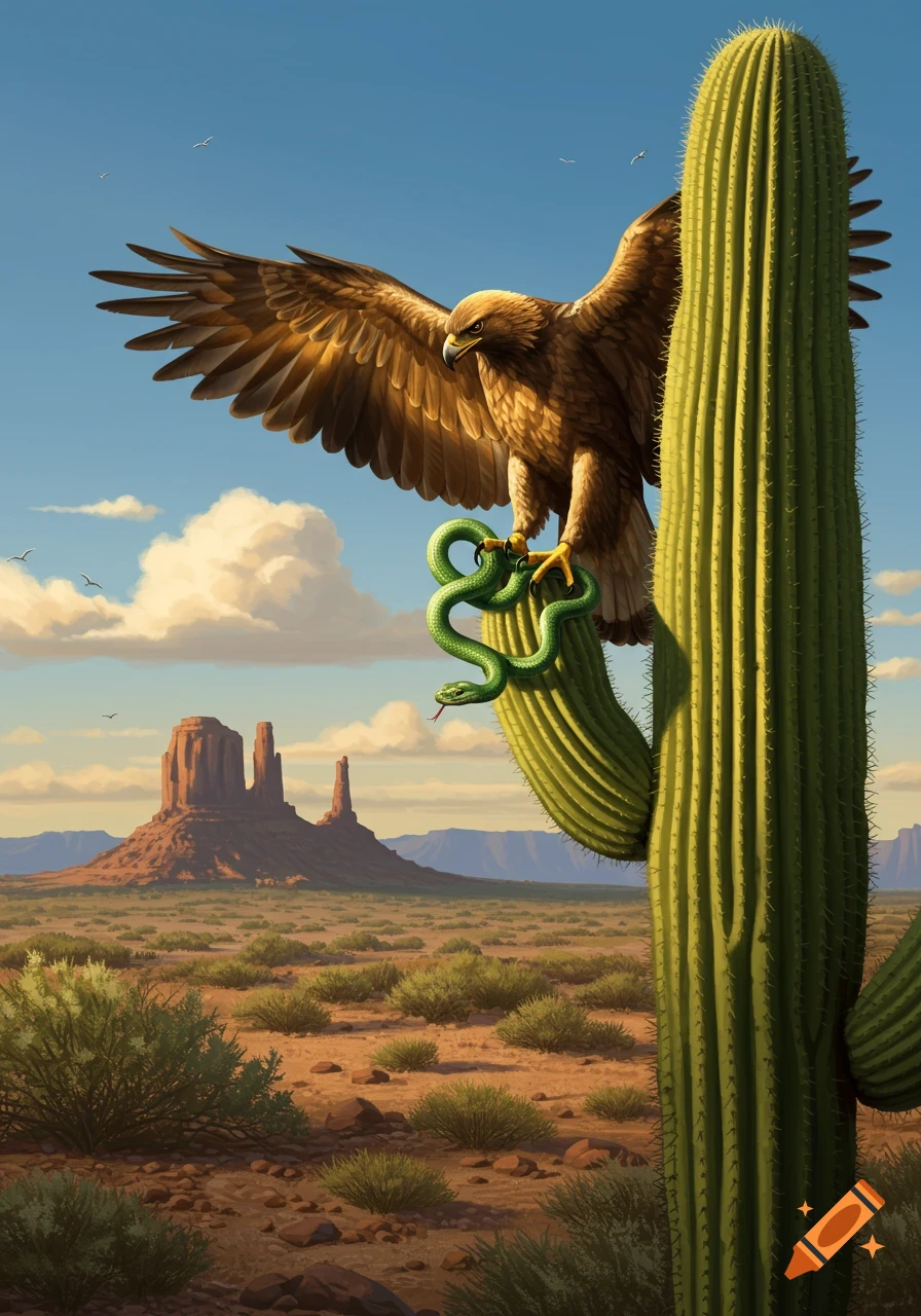 A golden eagle holding a green snake perches on a saguaro cactus in a desert landscape with red rock formations. Digital painting.