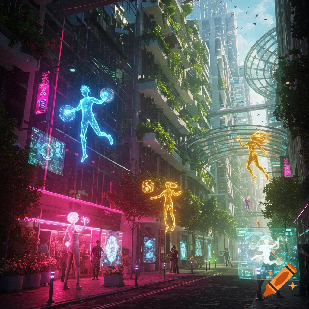 Vibrant cyberpunk city at night with glowing blue and gold holographic superhumans flying, neon signs, and buildings with vertical gardens.