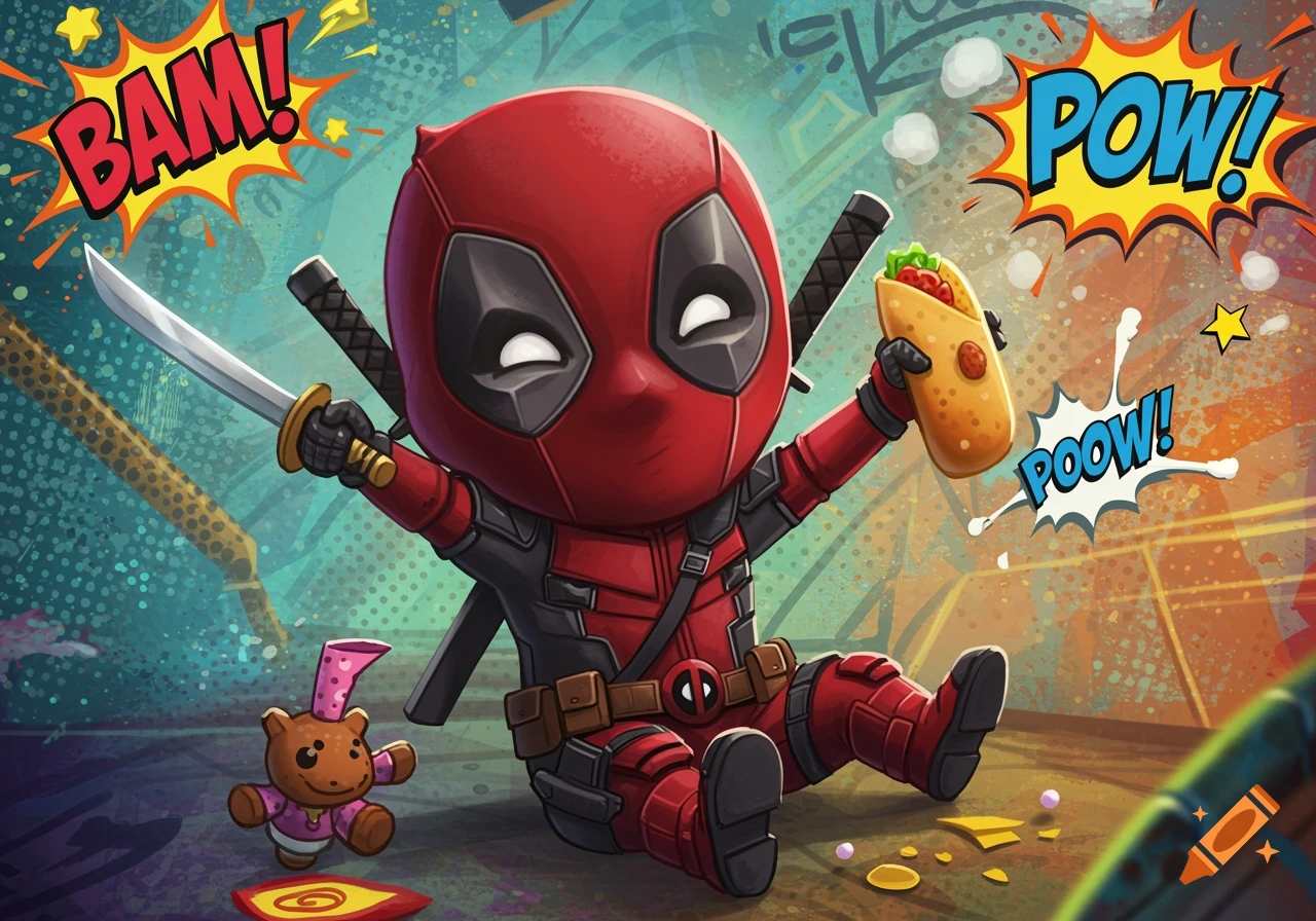 A chibi Deadpool in comic art style, sitting and holding a sword and a taco, with 'BAM!' and 'POW!' text bubbles.