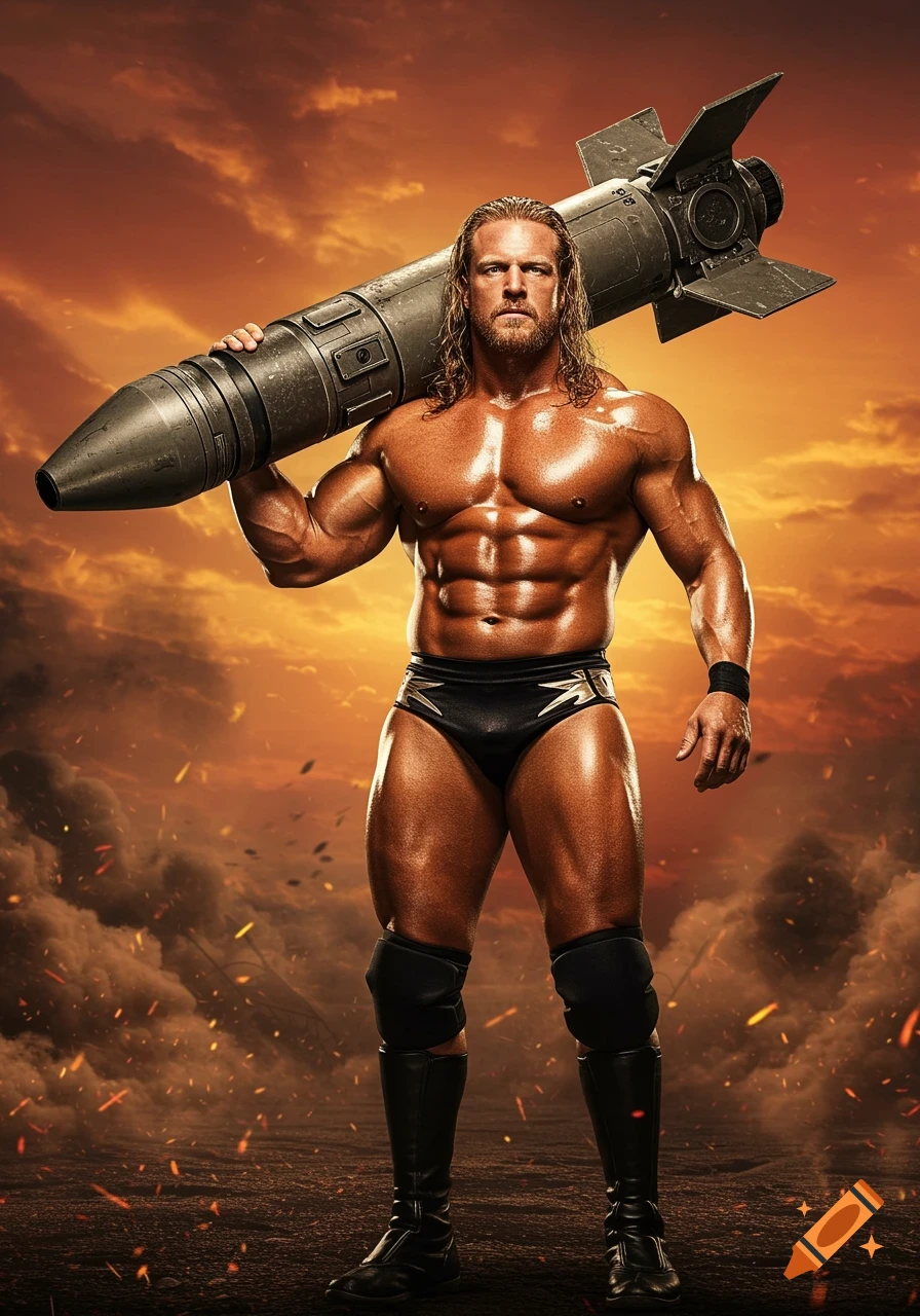A muscular blond wrestler with a beard carries a large missile on his shoulder against a fiery, smoke-filled background.