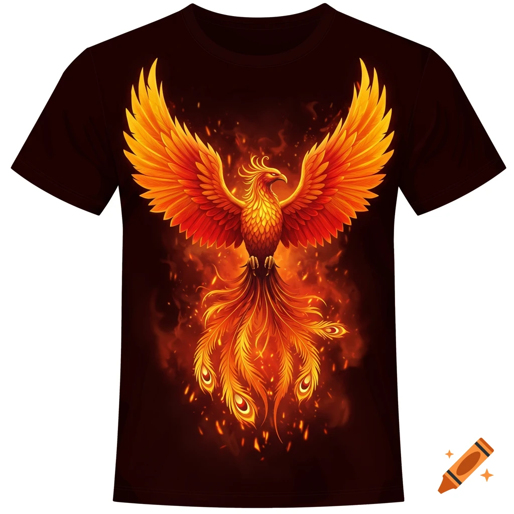 A vibrant orange and red phoenix with outstretched wings, surrounded by flames, printed on a dark t-shirt.